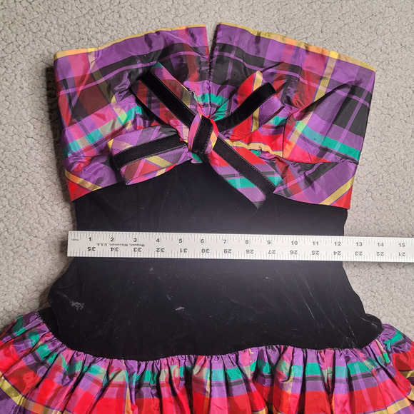 VTG Victor Costa Dress Womens 2 XS Velvet Plaid Strapless Bow Party Colorful 80s - Picture 13 of 13
